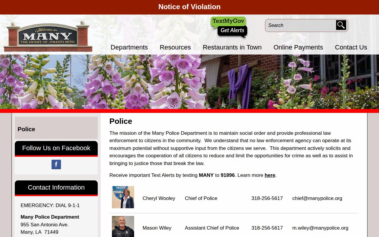 Many Police Department arrest-record contact page in Sabine Parish