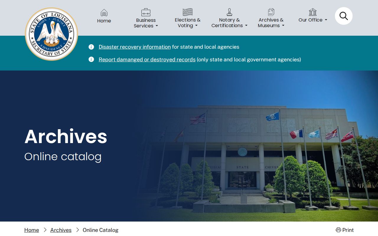 Louisiana State Archives catalog for older Sabine Parish arrest records research