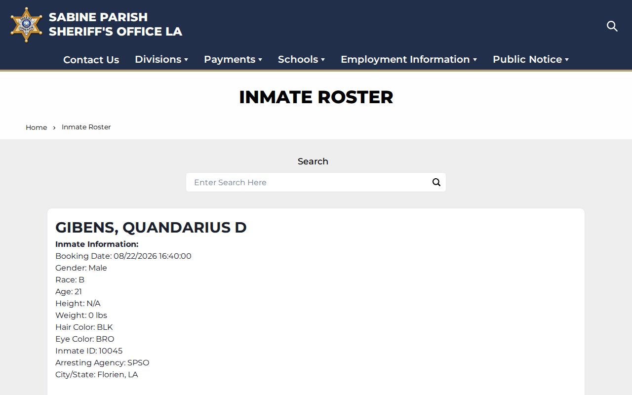 Sabine Parish current jail roster search interface for booking records